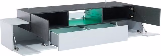 Mobile TV LED bianco e grigio con ripiani in vetro per TV fino 80" 180x40x45 cm