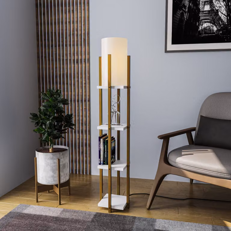 Opviq, lampada da terra di alta qualità, struttura in metallo, oro e bianco, altezza 130 cm, paralume Ø 20 cm, attacco E27 max. 40 W, IP20, cavo da 200 cm, design scandinavo, elegante e moderna.