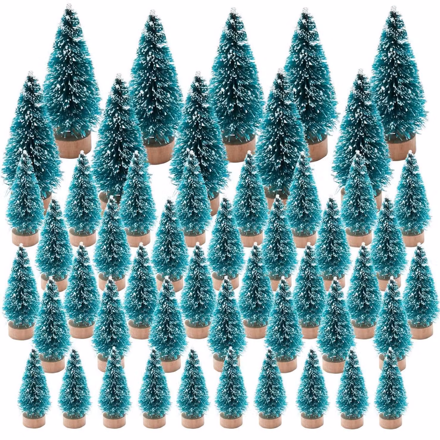 Mini albero di Natale artificiale, confezione da 50 pezzi, disponibile nelle dimensioni 3,5/4,5/6,5/8,5 cm, con base in legno ed effetto neve