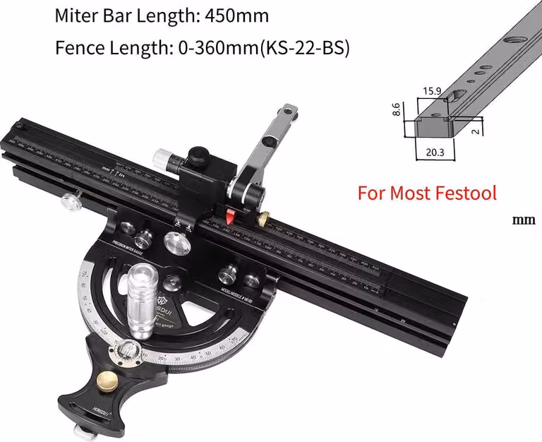 Guida per troncatrice con righello per sega da banco piccola - HD-MG21-BS Set - Regolabile 360-610 mm - Angolo di 50° - Lega di alluminio - Rosso/Argento
