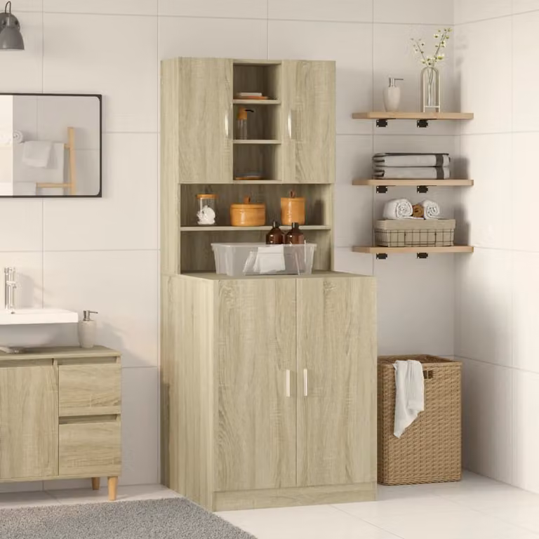 Set di mobili per lavanderia e bagno vidaXL in legno MDF color rovere marrone, composto da 2 pezzi con ante a battente e ripiani interni, L/P/H: 181.5 x 70.5 x 71.5 cm