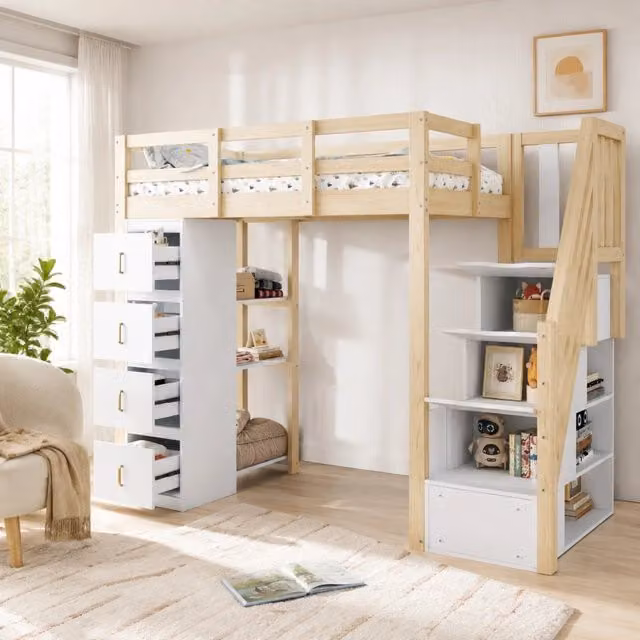 Letto a soppalco 90 x 200 cm con 4 cassetti; scaffale a 3 ripiani e scala con cassetti; legno naturale