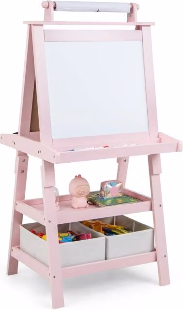 Cavalletto 3 in 1 per bambini con lavagna bianca e nera e rotolo di carta, Treppiede rosa in legno