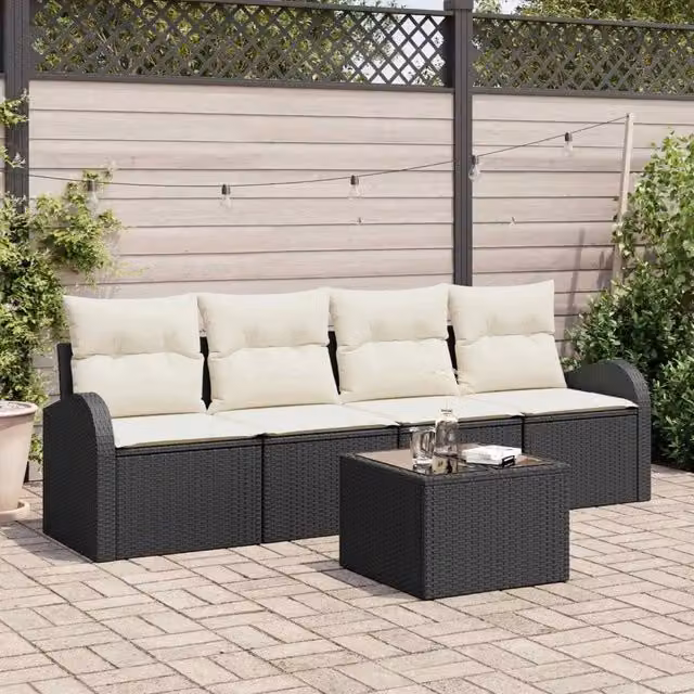 Set Divano da Giardino 5 pcs 4-Seater Nero e Crema polyrattan 3354576