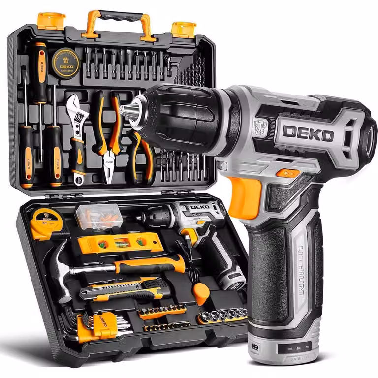 Valigetta utensili completa, 133 pezzi, con avvitatore a batteria da 12V, ideale per uso domestico e fai-da-te. Colore: grigio