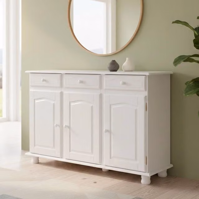 Madia Gragnano DMORA, Credenza moderna con 3 cassetti in legno bianco, L 130 x P 43 x H 87 cm