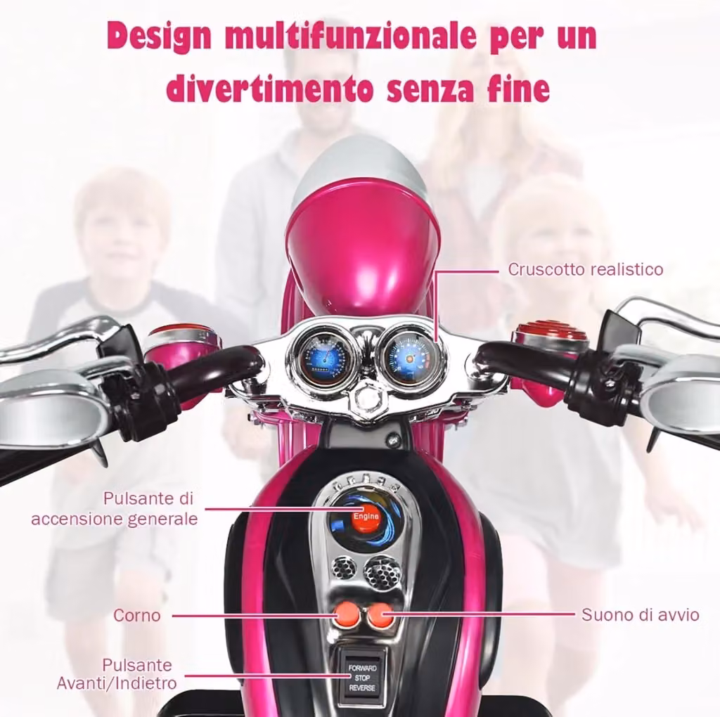 Moto elettrica Costway per bambini e bambine con luci e suoni, disponibile in rosa o viola, con marcia avanti e indietro e portata massima di 30 kg – 2