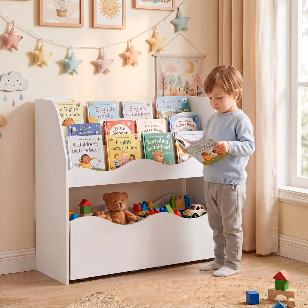 Libreria Montessori 2 in 1 DESIGN IN in legno con 3 livelli, 2 cassetti e ruote, contenitore portagiochi per cameretta, Bianco – 2