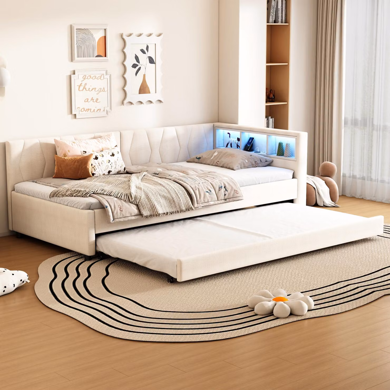 Divano letto STILVORA Letto imbottito 90×200 con USB+Tipo C, letto per bambini con contenitore, letto da giorno allungabile con luce LED telecomandata, senza materasso