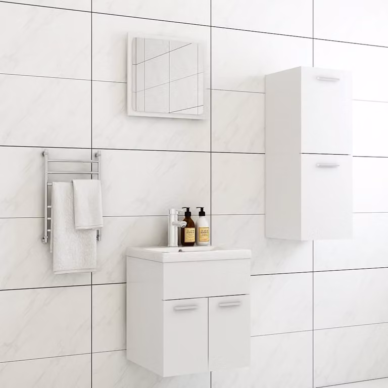 Set di mobili da bagno moderni vidaXL in bianco opaco composto da mobile lavabo, armadio alto e pensile con specchio in MDF