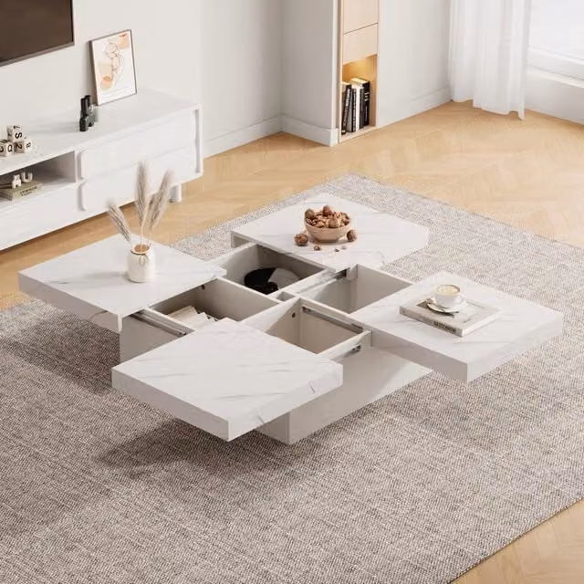Tavolino da Salotto Quadrato Moderno Bianco con Effetto Marmo, 90x90x25 cm, 4 Cassetti, Piano Scorrevole, Portata 30 kg