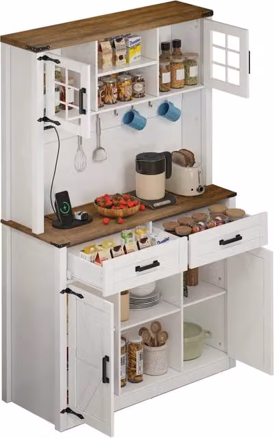 Credenza e buffet in stile industrial con illuminazione LED regolabile, prese elettriche e porte USB/Tipo C, bianco e marrone