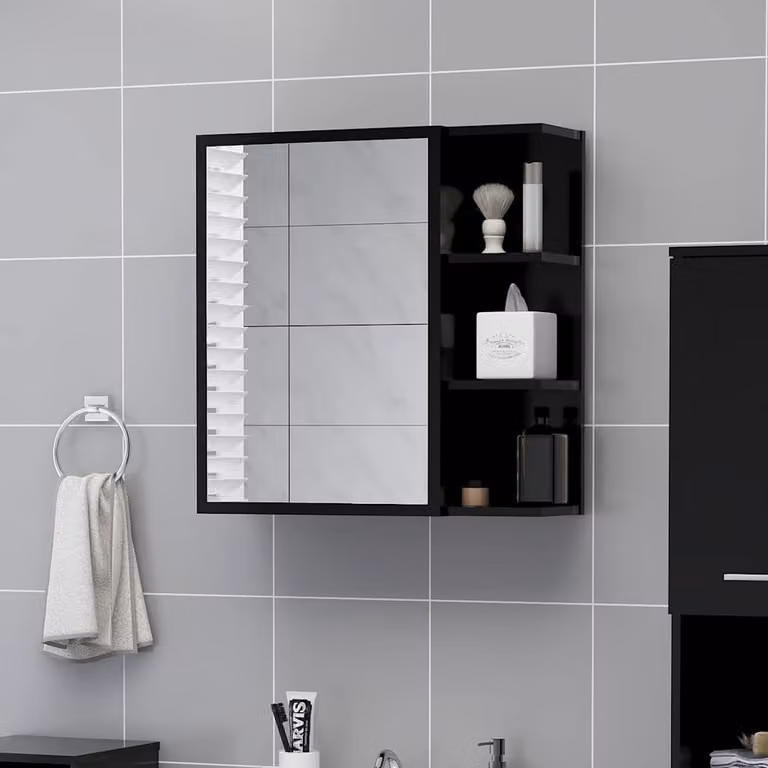 Mobiletto da bagno con specchio vidaXL nero in legno e MDF, L 62,5 cm x P 20,5 cm x H 64 cm