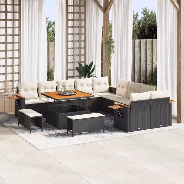 Set Divano da Giardino vidaXL a forma a U composto da 13 pezzi in Polyrattan Nero e Beige con Cuscini e Tavolino da esterno – 1