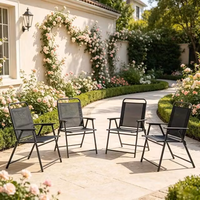 Set 4 sedie da giardino pieghevoli con braccioli; 65 x 60 x 94 cm; nero; in acciaio e Textilene