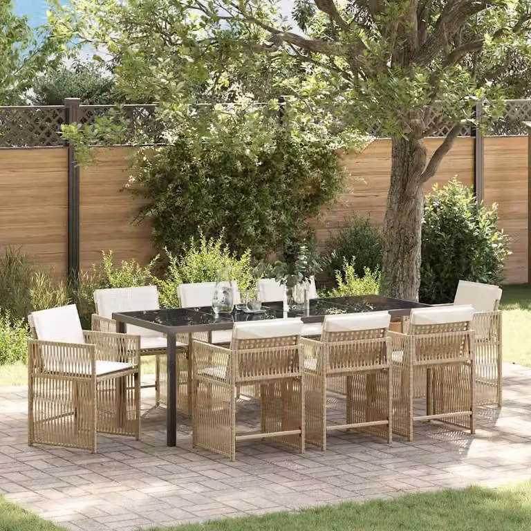 Set da pranzo per giardino e terrazzo vidaXL in polyrattan beige con tavolo in vetro, 9 pezzi