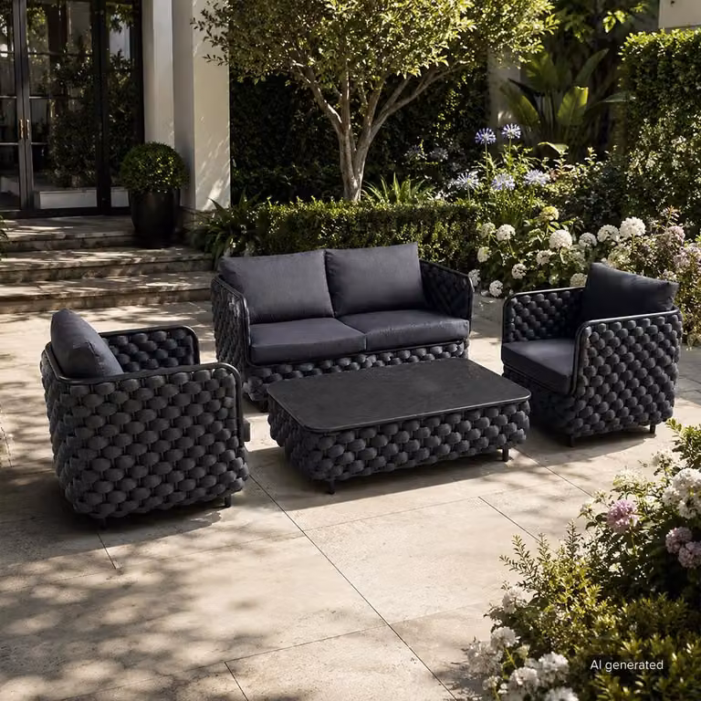 Set da giardino composto da 4 pezzi: divano a due posti, 2 poltrone e tavolo. Set da salotto resistente alle intemperie, ideale per giardino e balcone. Colore: nero / TB627-HEI /