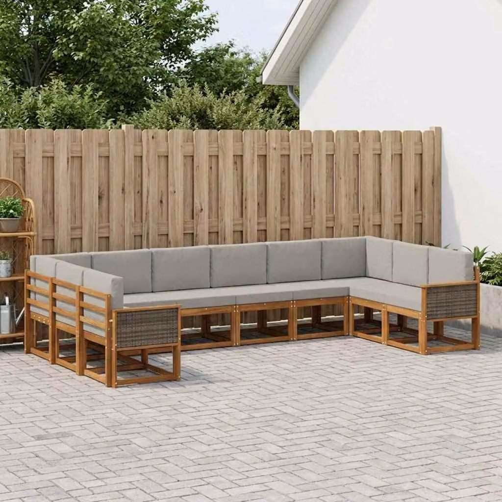 vidaXL Set di divani da esterno componibile a L in legno di acacia, 10 pezzi, Beige e Grigio