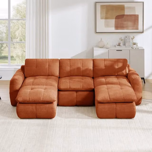 Divano 3 posti con 2 poggiapiedi ¨C Minimal ¨C Arancione, rivestimento chenille, senza montaggio