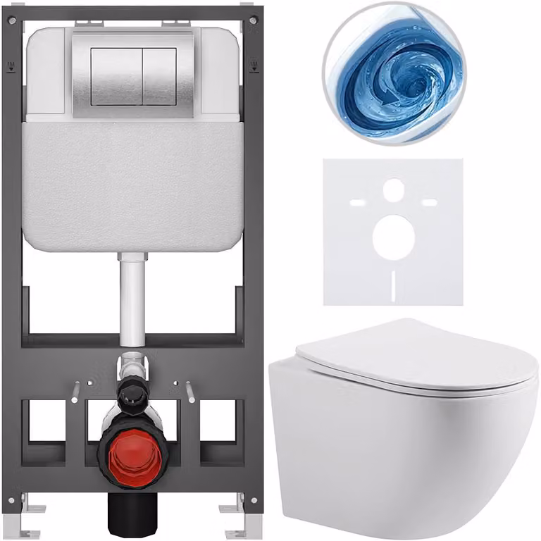 CERANO - Set WC da incasso Cesso - bianco opaco - pulsante Prime/Maxio, argento - a pavimento - installazione pre-parete/cartongesso - 49x36 cm