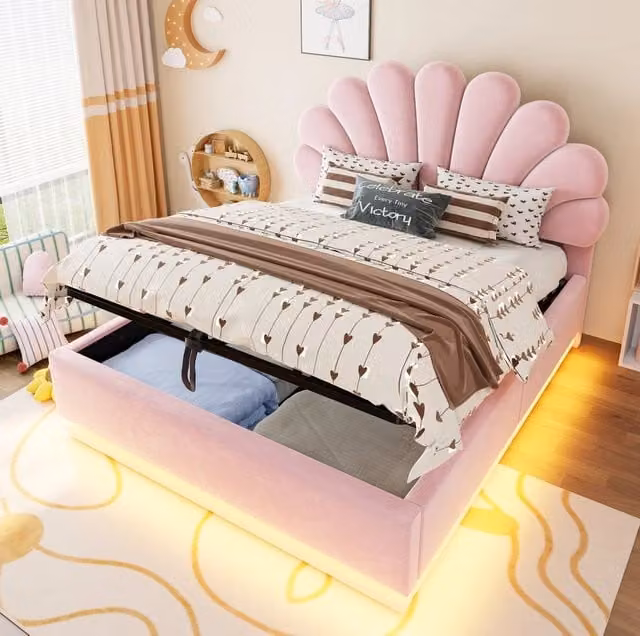 Letto imbottito 140x200 cm rosa in velluto, contenitore idraulico e LED, senza materasso