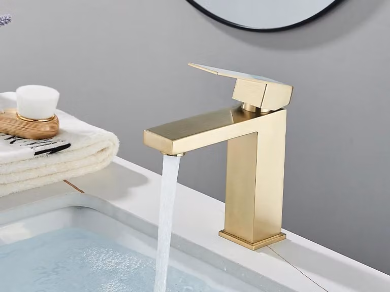 Rubinetteria per bagno - Miscelatore per lavabo a collo corto - Miscelatore monocomando con controllo della temperatura (acqua calda/fredda) - Montaggio a incasso - Corpo in acciaio inossidabile - Finitura dorata spazzolata
