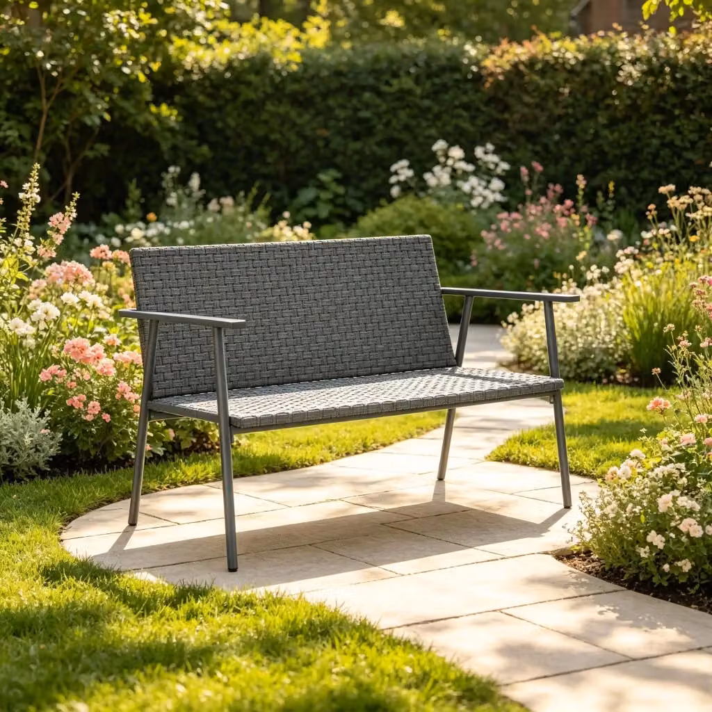 Panca da giardino REDOM in polyrattan e metallo grigio L: 110 cm, P: 58 cm, H: 78 cm – 2
