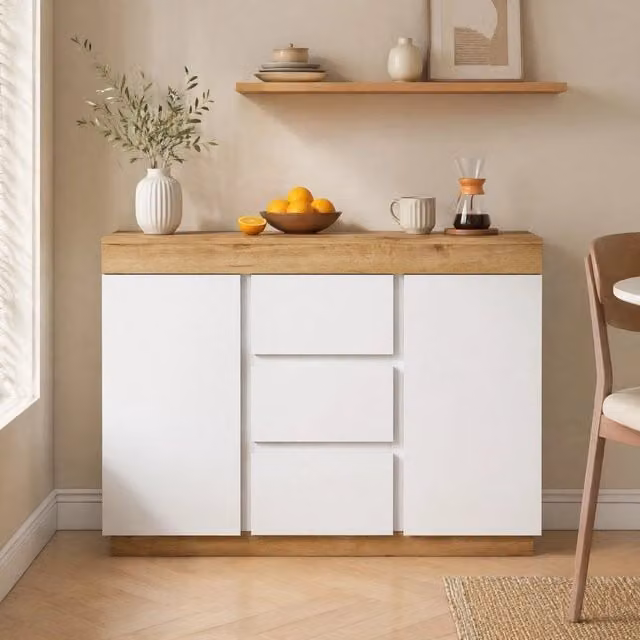 Cassettiera classica con 3 cassetti e 2 ante; in truciolare E1; bianco e rovere