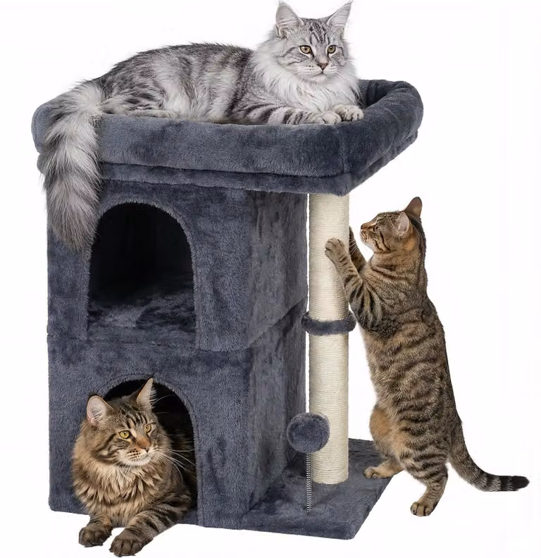 Elzusha - Tiragraffi con due casette per gatti e ampia area relax - 61 cm di altezza - Grigio scuro