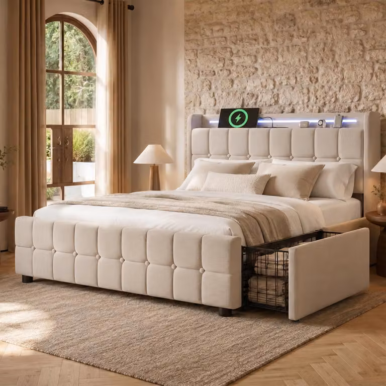 Letto imbottito Flieks 160x200cm con USB e prese, letto per ragazzi letto matrimoniale con 4 cassetti, letto contenitore letto in legno massiccio con LED e rete a doghe, lino, beige