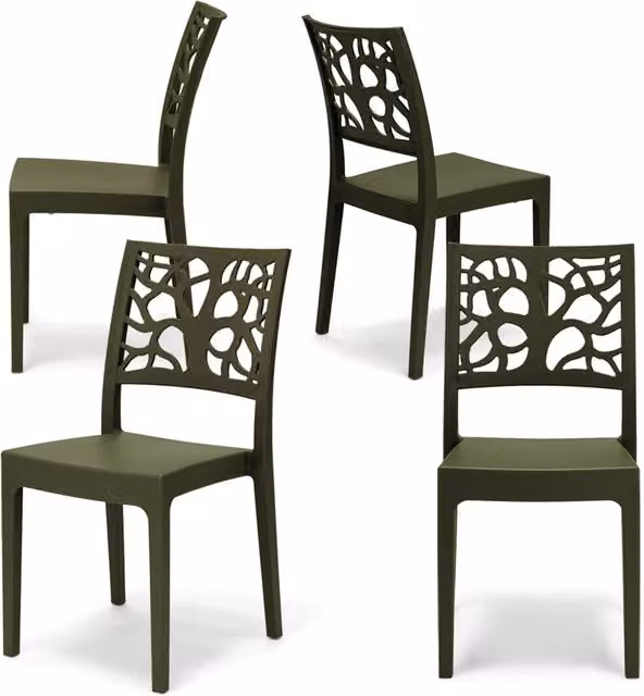 Set 4 sedie in polipropilene TETI, impilabile, resistente ai raggi UV, design moderno, ideale per sala da pranzo, cucina, sala d’attesa, bar, ristoranti o giardino, colore Verde Oliva
