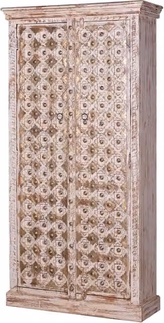 Armadio etnico Giner y Colomer in legno di mango intagliato con ante a battente, colori marrone, nero e beige, H: 180 cm, L: 90 cm, P: 40 cm