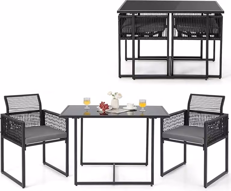 Set di mobili da giardino in rattan per 2 persone, mobili da balcone piccoli salvaspazio, tavolo da pranzo con 2 sedie pieghevole, mobili da balcone piccoli, nero