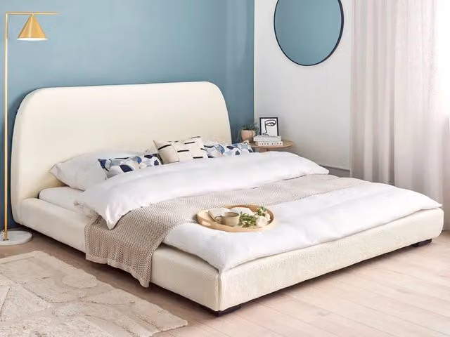 Struttura letto imbottita BELIANI in tessuto bouclé beige con doghe in legno, design classico, L 180 x P 200 cm – 1