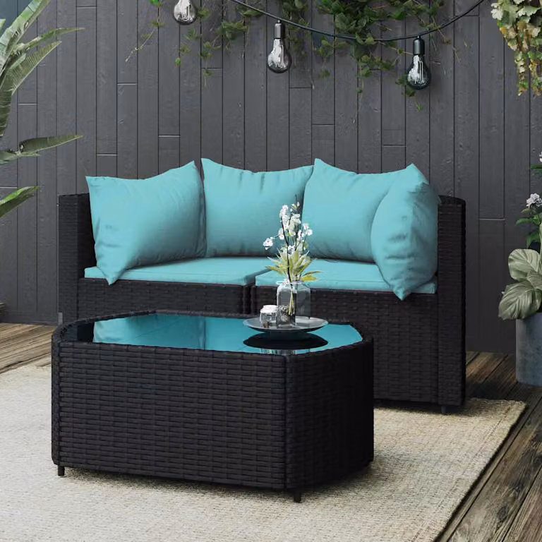 Set da giardino vidaXL composto da 3 pezzi con divano ad angolo, tavolino da caffè e cuscini in polyrattan e metallo, colore nero e blu