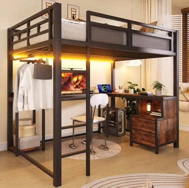 Letto a soppalco ULEVR 140x200 cm con scrivania, ripiani, barra appendiabiti, LED e USB, nero