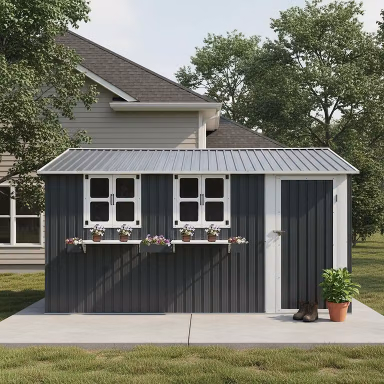 Casetta da giardino, dimensioni 359,4 x 284,2 cm, superficie 10,21 m², realizzata in acciaio zincato, con 3 finestre apribili, porta doppia con serratura, scaffale per fiori, impermeabile e resistente agli agenti atmosferici, colore grigio antracite
