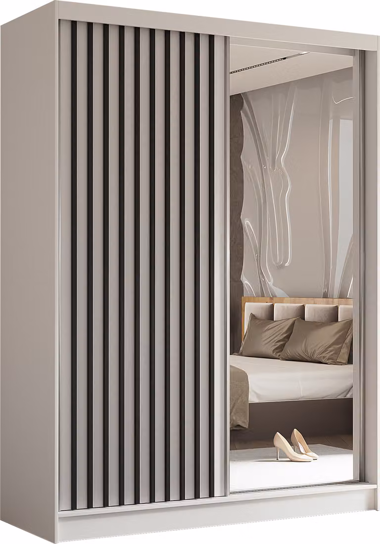 AX LIVING Cabinio Armadio bianco con specchio 160 cm Lamelle nere