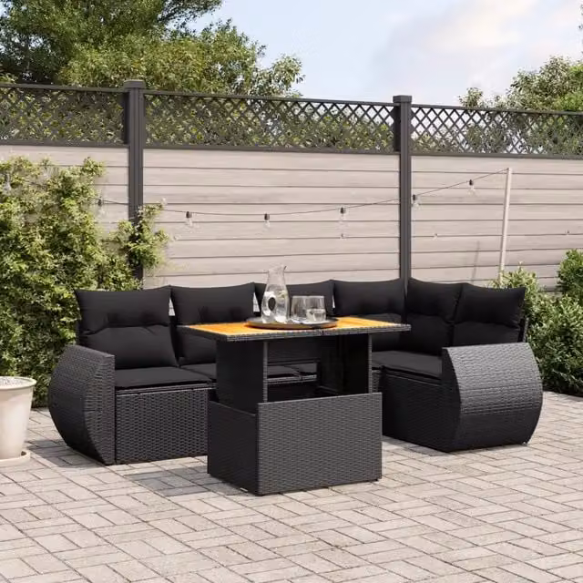 Set Divano da Giardino 6 pz con Cuscini Nero in Polyrattan 3272182