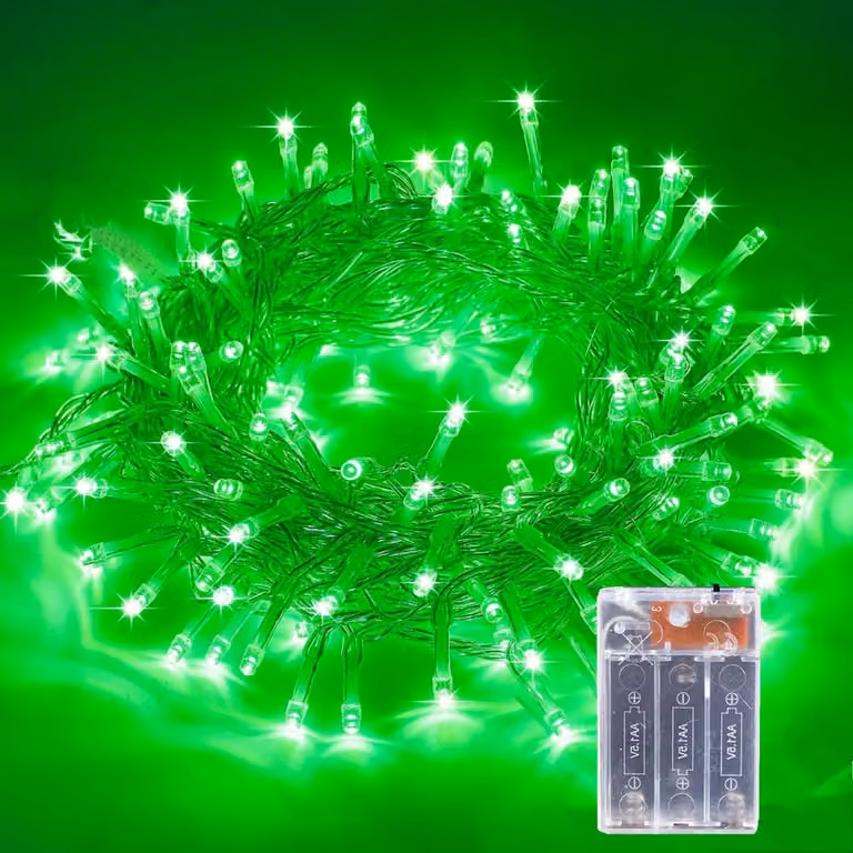 Catena luminosa da 10 metri, con 80 LED verdi, alimentata a batteria, grado di protezione IP44