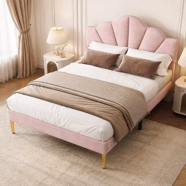 Letto imbottito Mivray in velluto rosa con testiera regolabile, rete a doghe in legno e piedi dorati, L/P/H: 140 x 190 x 120 cm
