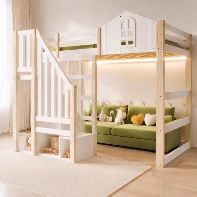 Letto a soppalco ULEVR 140x200 cm con LED, scala contenitore e vano aperto, pino e MDF bianco e naturale