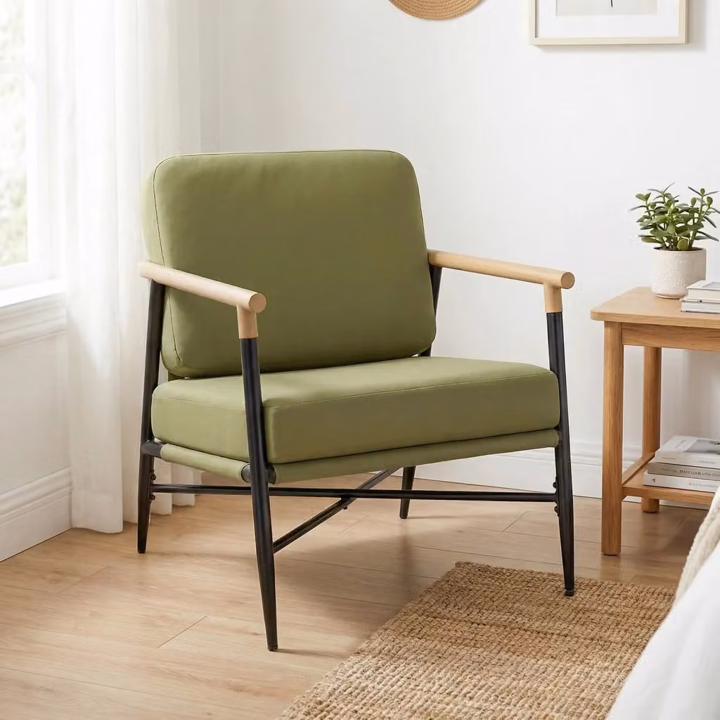 Poltrona moderna con braccioli e cuscini in tessuto per soggiorno, camera da letto o ufficio, struttura in metallo, disponibile in verde, beige o nero – 2