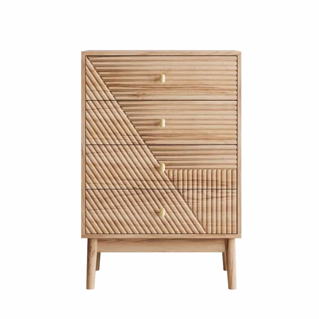 Cassettiera Minimal con 4 cassetti in legno colore quercia e dettagli oro stile mid-century per camera o soggiorno – 2
