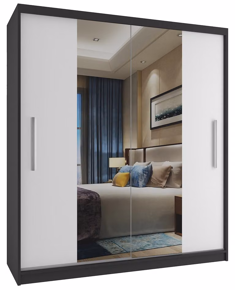BELINI Verona, armadio scorrevole da 133 cm, nero/bianco opaco - armadio con specchio e appendiabiti, ideale per la camera da letto