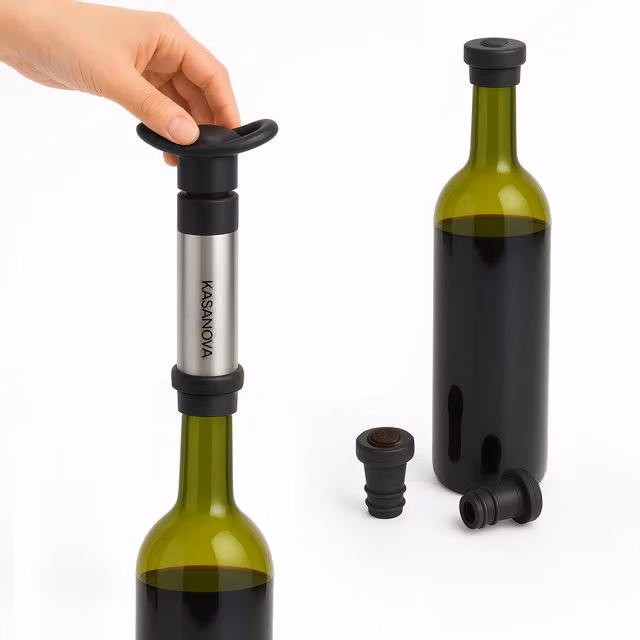 Set pompa salvavino con 2 tappi KASANOVA in acciaio inossidabile color argento