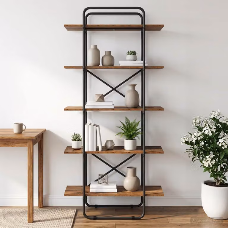 Libreria vidaXL a 5 livelli in legno di quercia e metallo, colore marrone, L 80 cm x P 35 cm x H 175,5 cm
