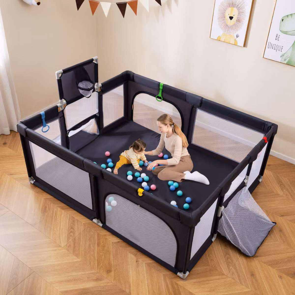 Recinto da gioco per bambini Costway con porta a cerniera, rete traspirante e canestro da basket, Grigio antracite