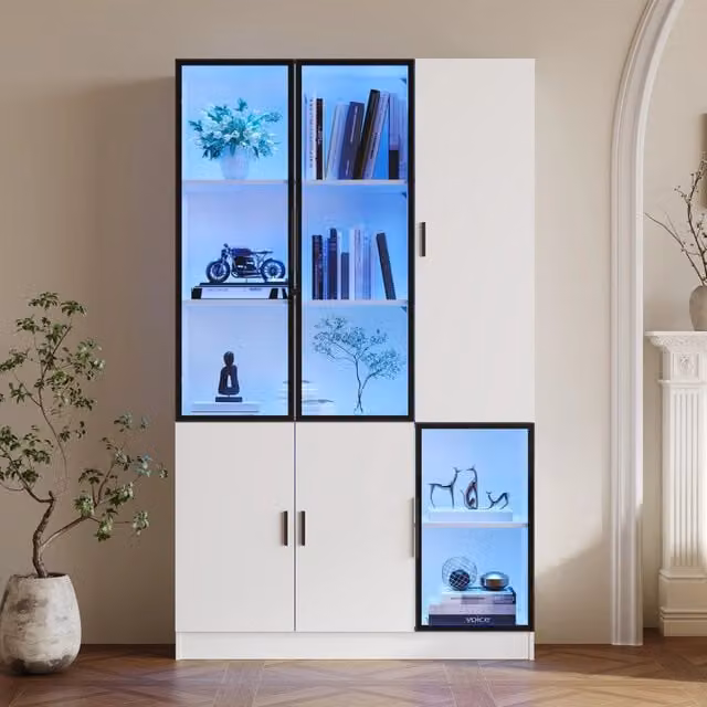 Vetrina in vetro con luci led e telaio in alluminio; mobile vetrina 200 cm con 10 scomparti; libreria con ante in vetro per soggiorno; bianco