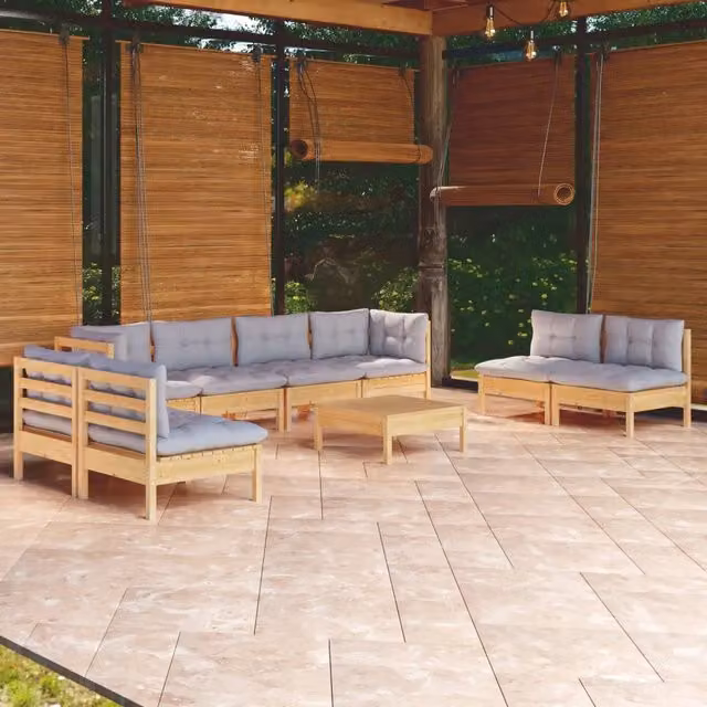 Set Divani da Giardino 9 pz con Cuscini Grigi Massello di Pino 3096237